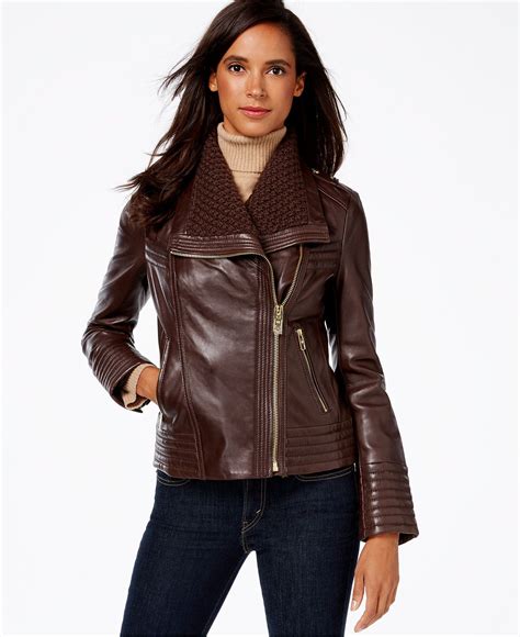 michael kors cable knit leather jacket|Michael Kors faux leather jacket.